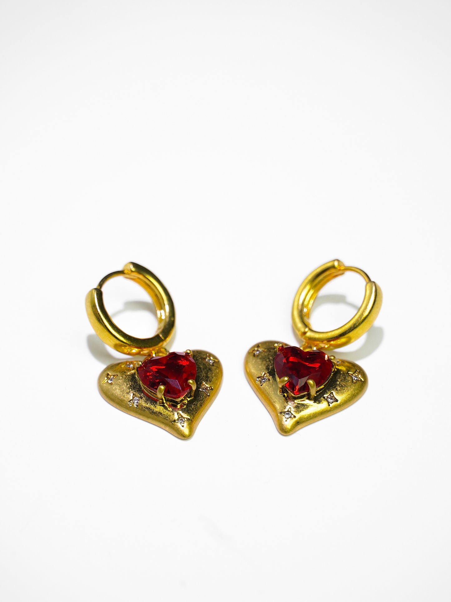 Vintage Ruby Red Cubic Zirconia 14K Gold Heart Earrings-05