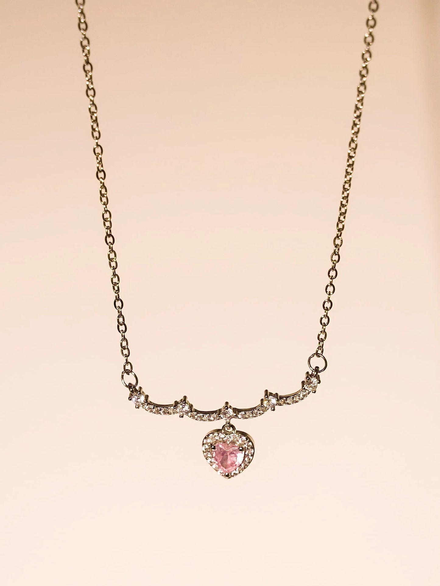 Elegant Stainless Steel Pink Sliver Heart Rhinestone Necklace-01