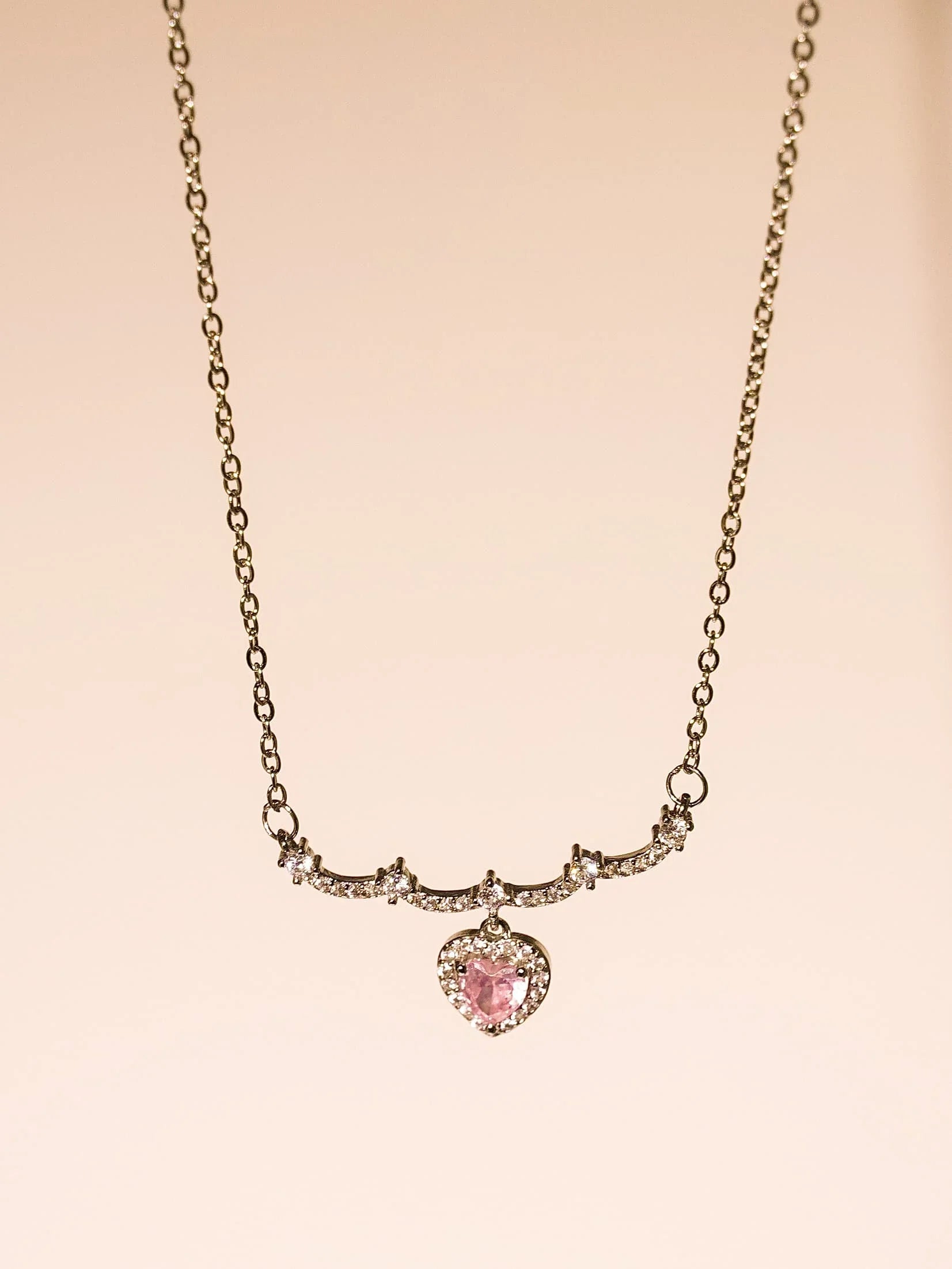 Elegant Stainless Steel Pink Sliver Heart Rhinestone Necklace-01