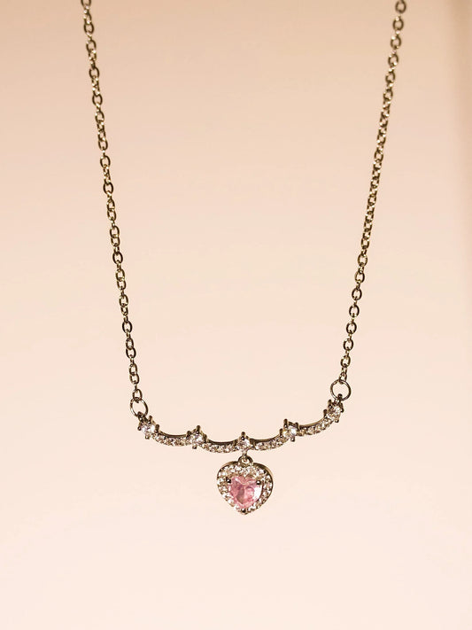 Elegant Stainless Steel Pink Sliver Heart Rhinestone Necklace-01