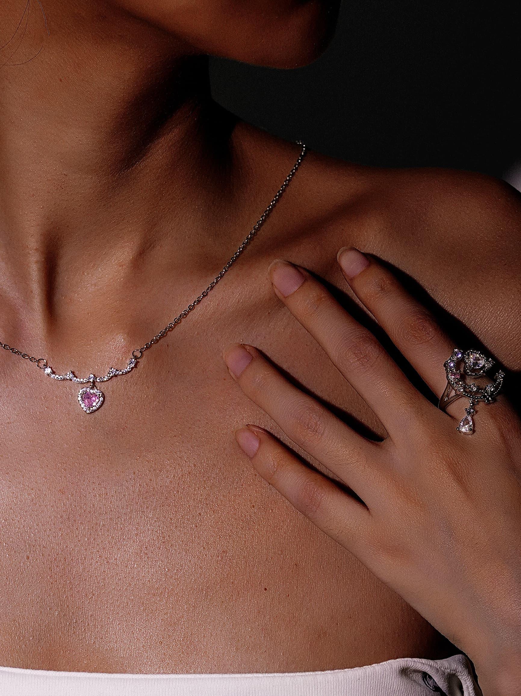 Elegant Stainless Steel Pink Sliver Heart Rhinestone Necklace-06