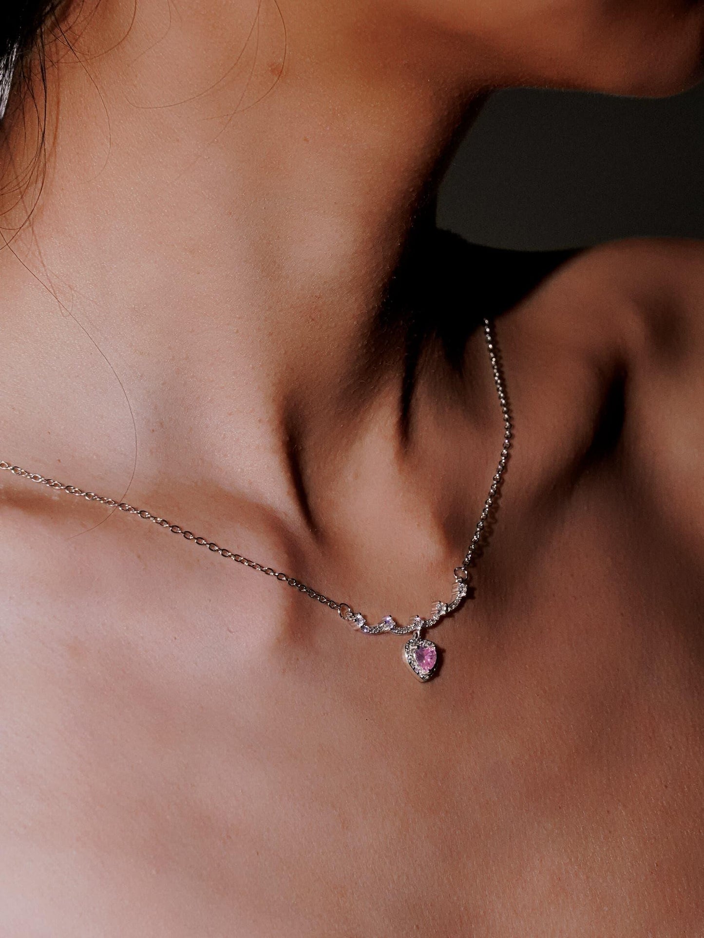 Elegant Stainless Steel Pink Sliver Heart Rhinestone Necklace-07