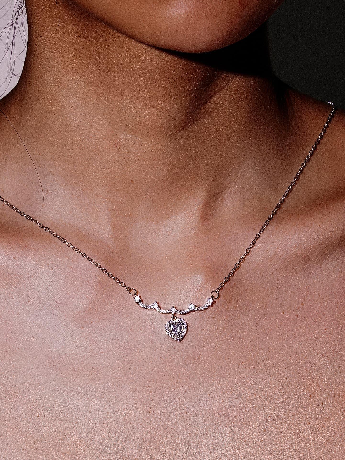 Elegant Stainless Steel Pink Sliver Heart Rhinestone Necklace-08