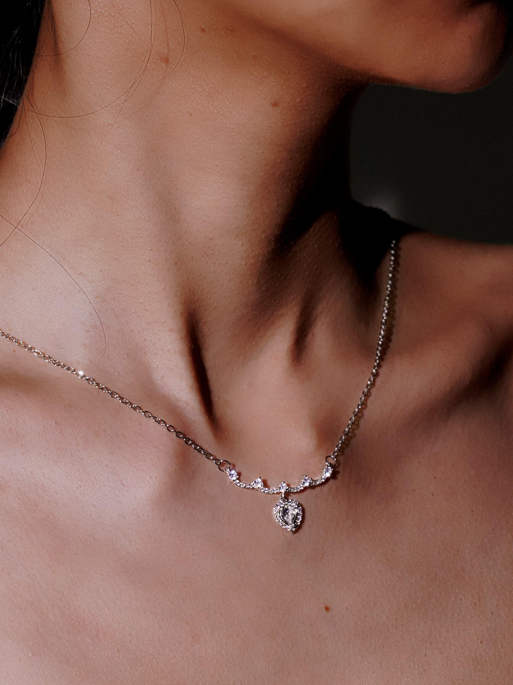 Elegant Stainless Steel Pink Sliver Heart Rhinestone Necklace-09
