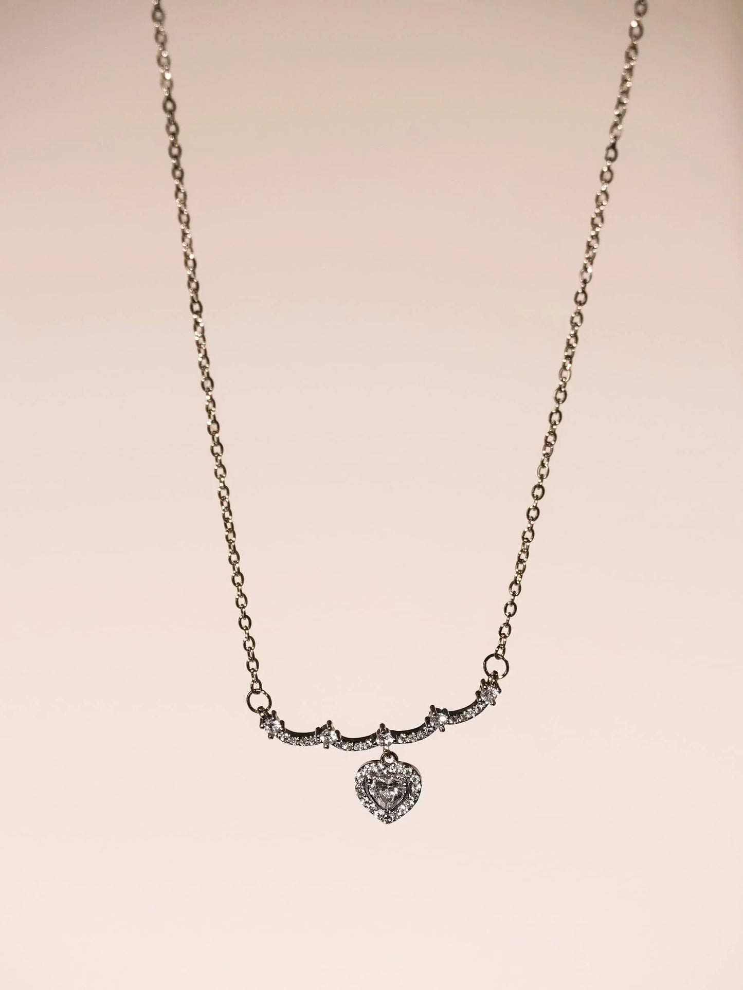 Elegant Stainless Steel Pink Sliver Heart Rhinestone Necklace-04