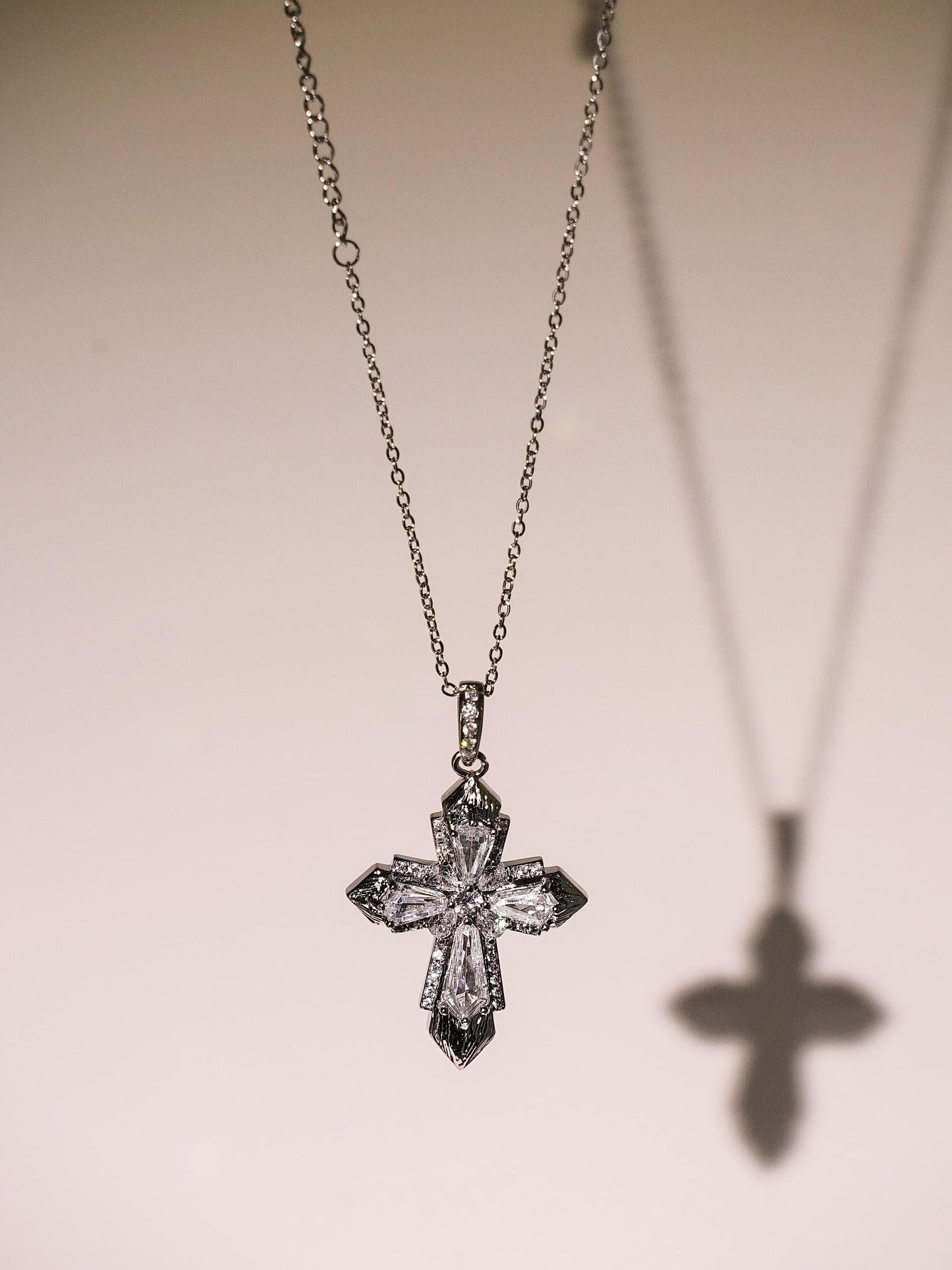 18K Gold Baguette & Round Diamond Cross Necklace