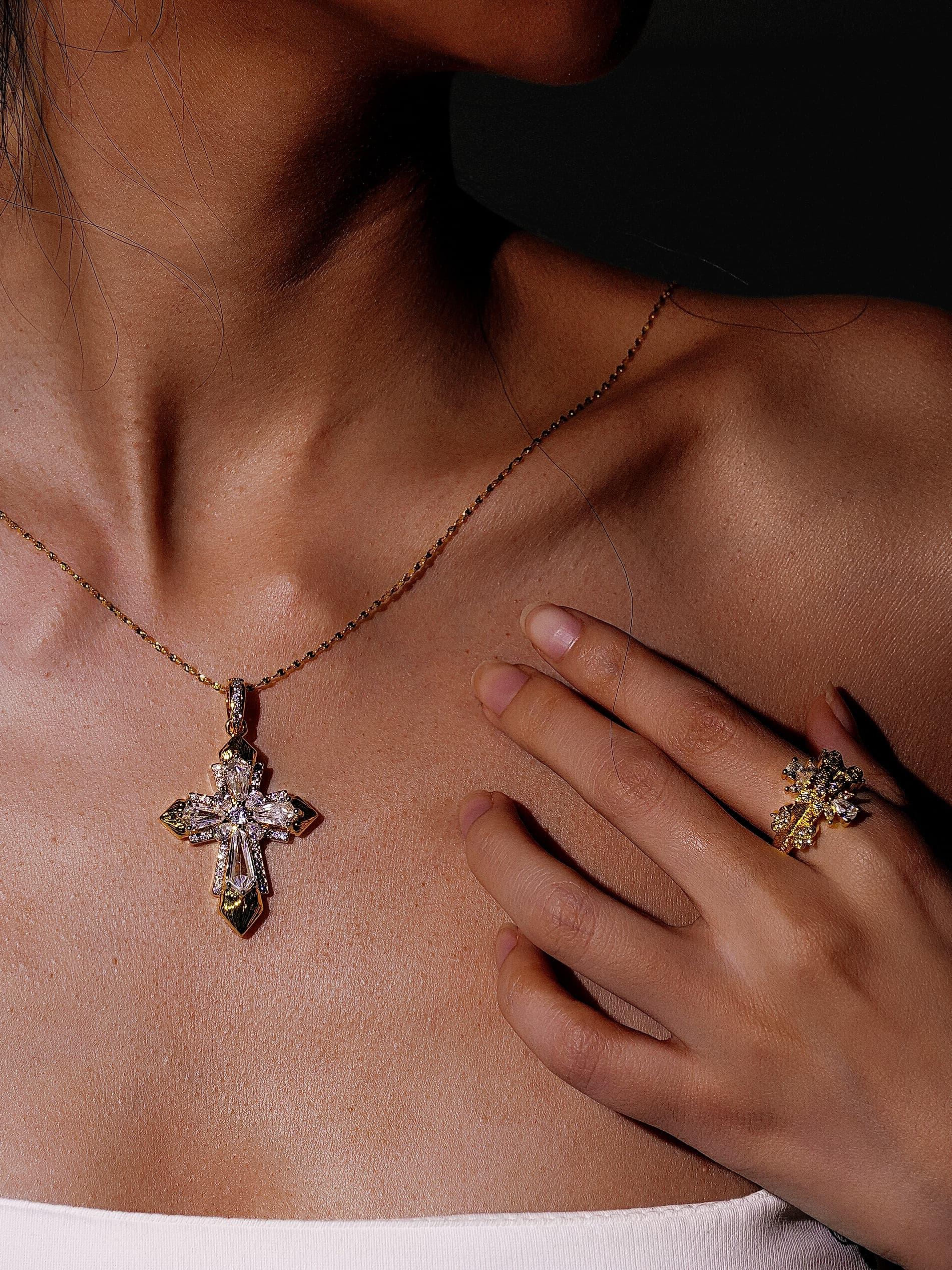 18K Gold Baguette & Round Diamond Cross Necklace
