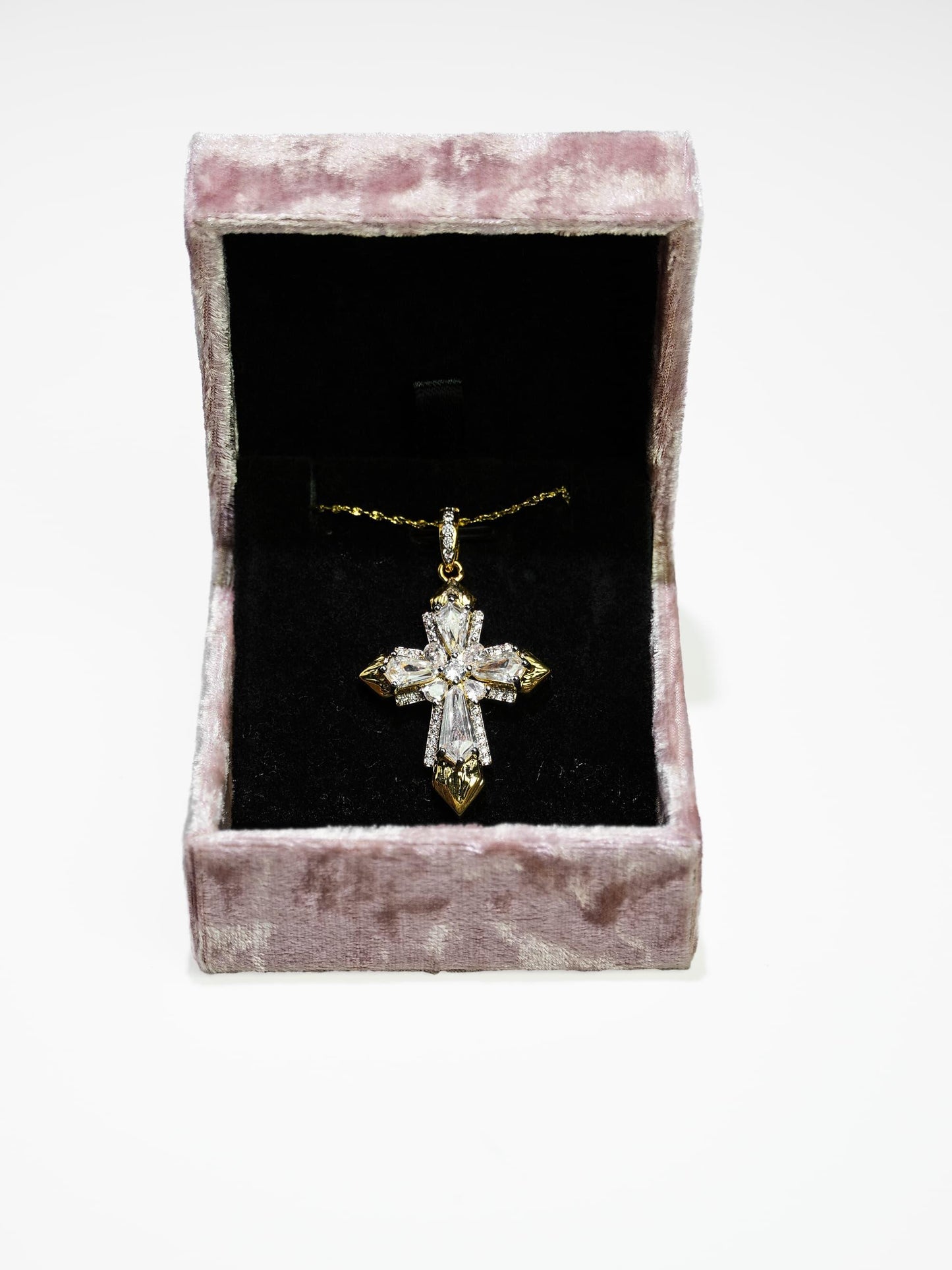 18K Gold Baguette & Round Diamond Cross Necklace