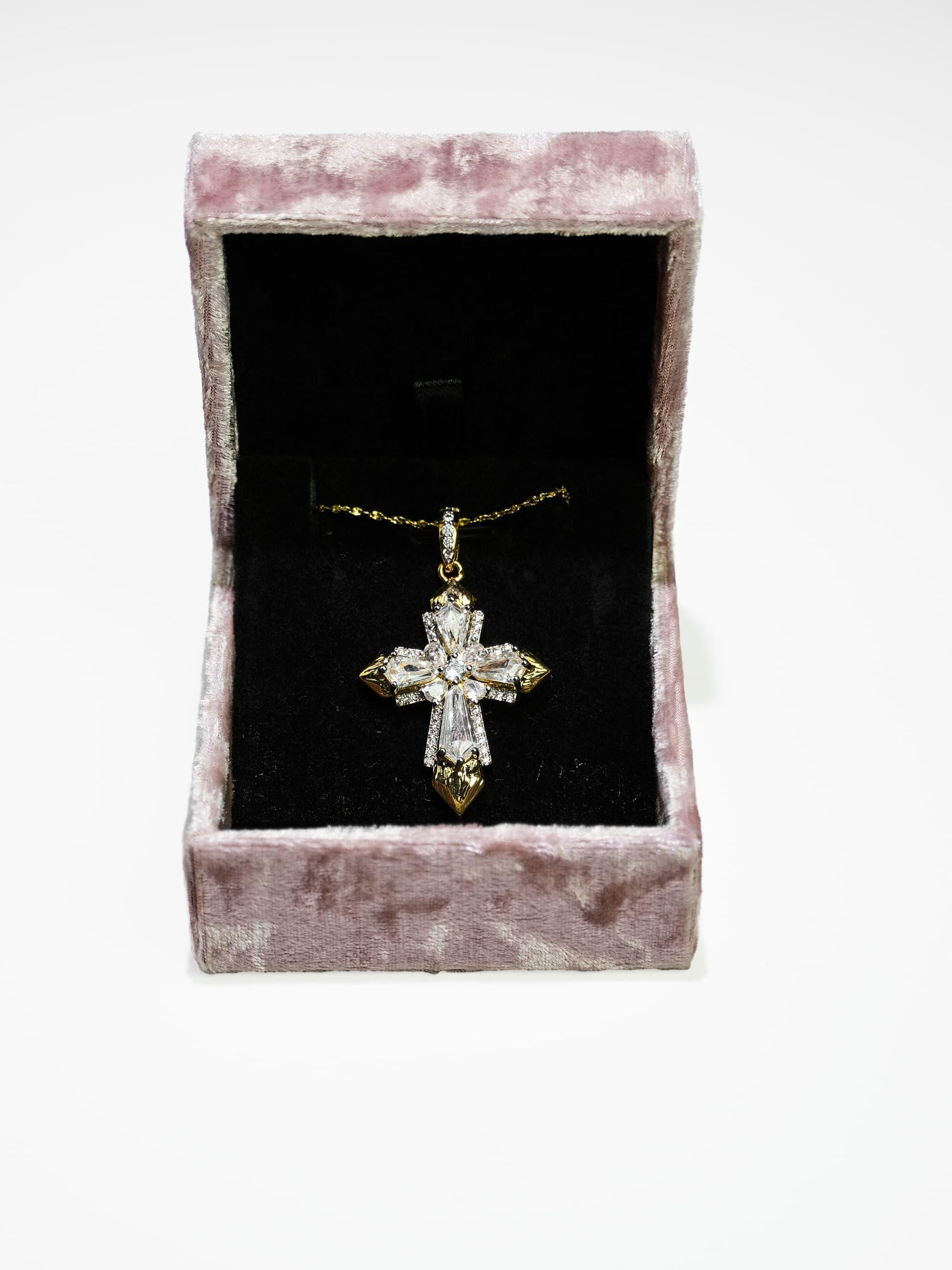 18K Gold Baguette & Round Diamond Cross Necklace