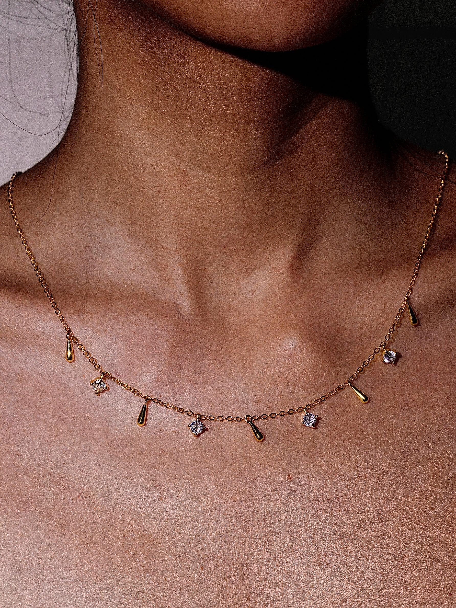 14K Gold Natural Diamond Bezel Multi Raindrop Necklace-02