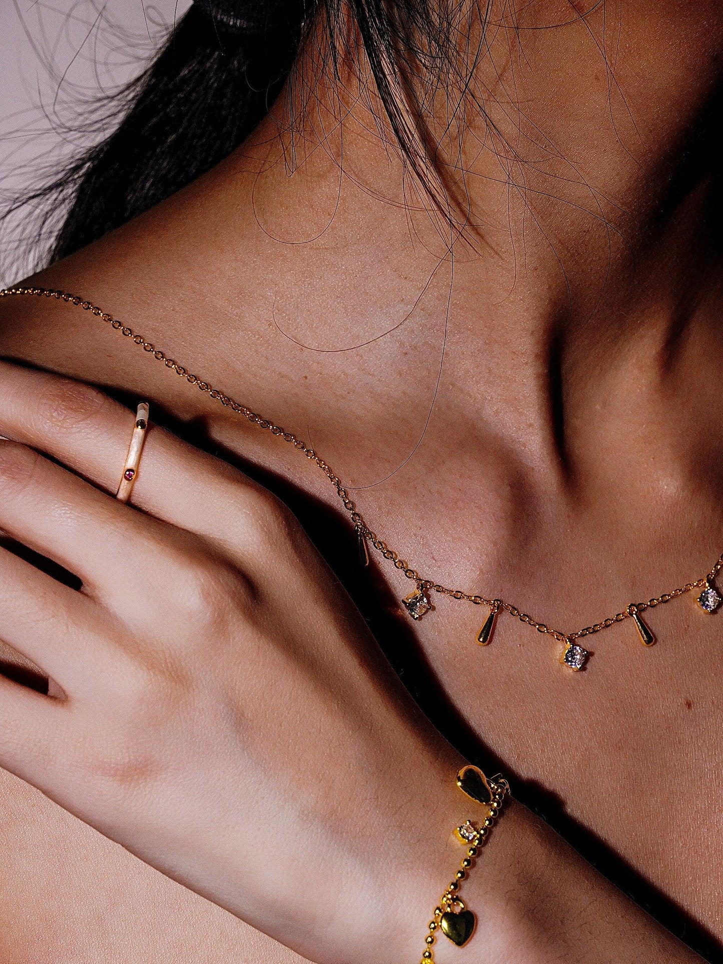 14K Gold Natural Diamond Bezel Multi Raindrop Necklace-04