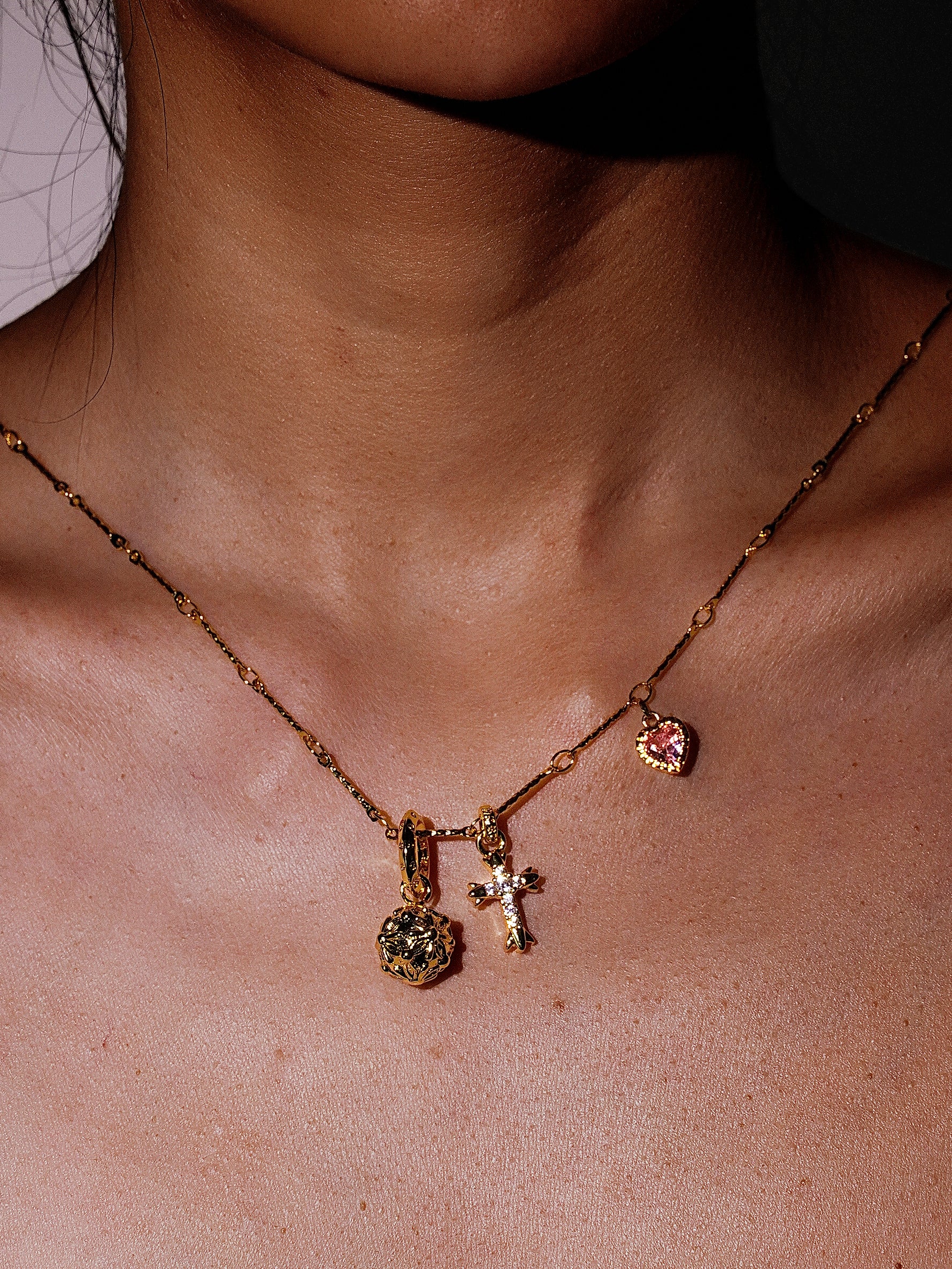 14K Gold Vintage Multi Charm Necklace with Heart&Cross&Bubble-02