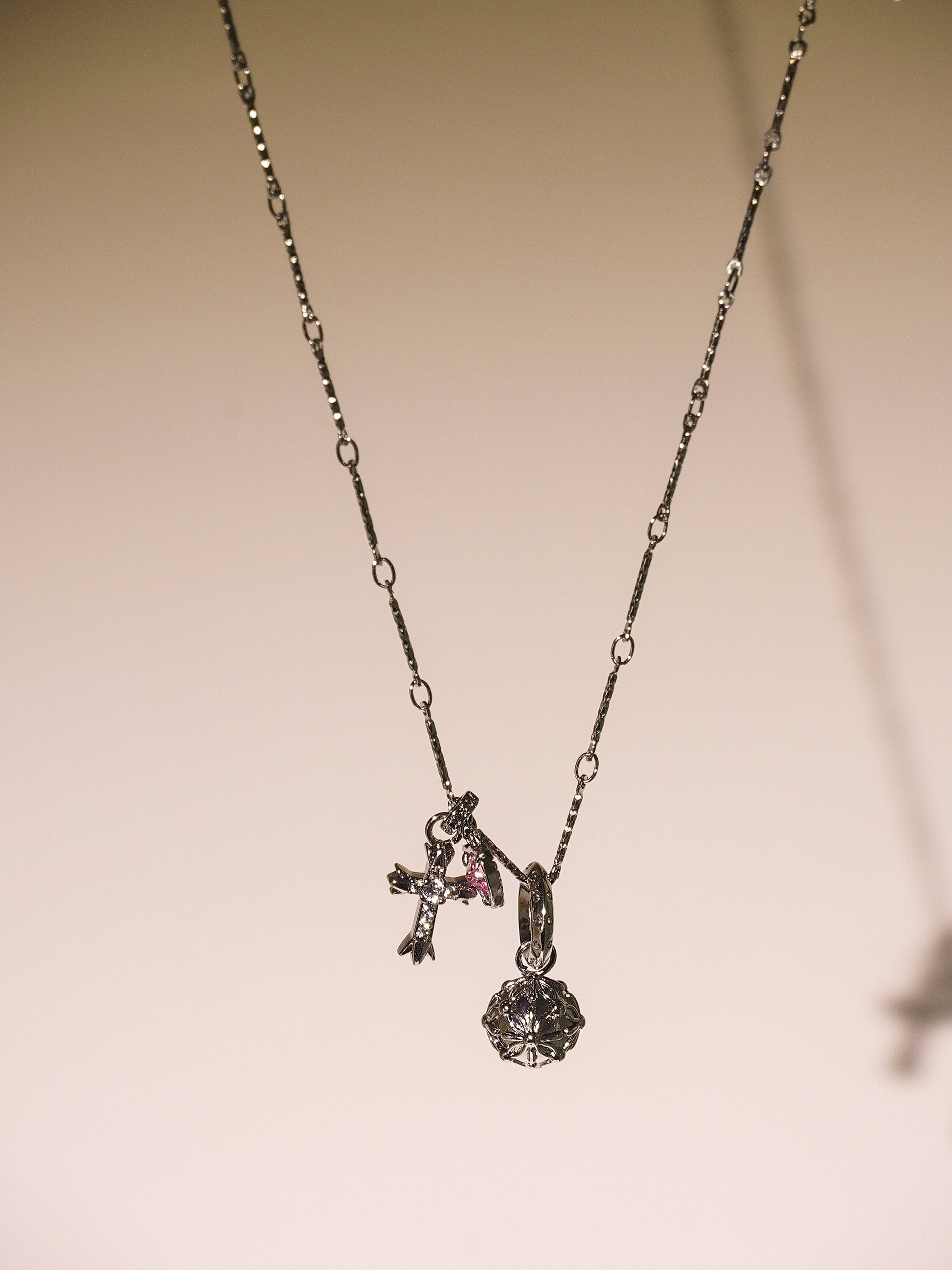 14K Gold Vintage Multi Charm Necklace with Heart&Cross&Bubble-05