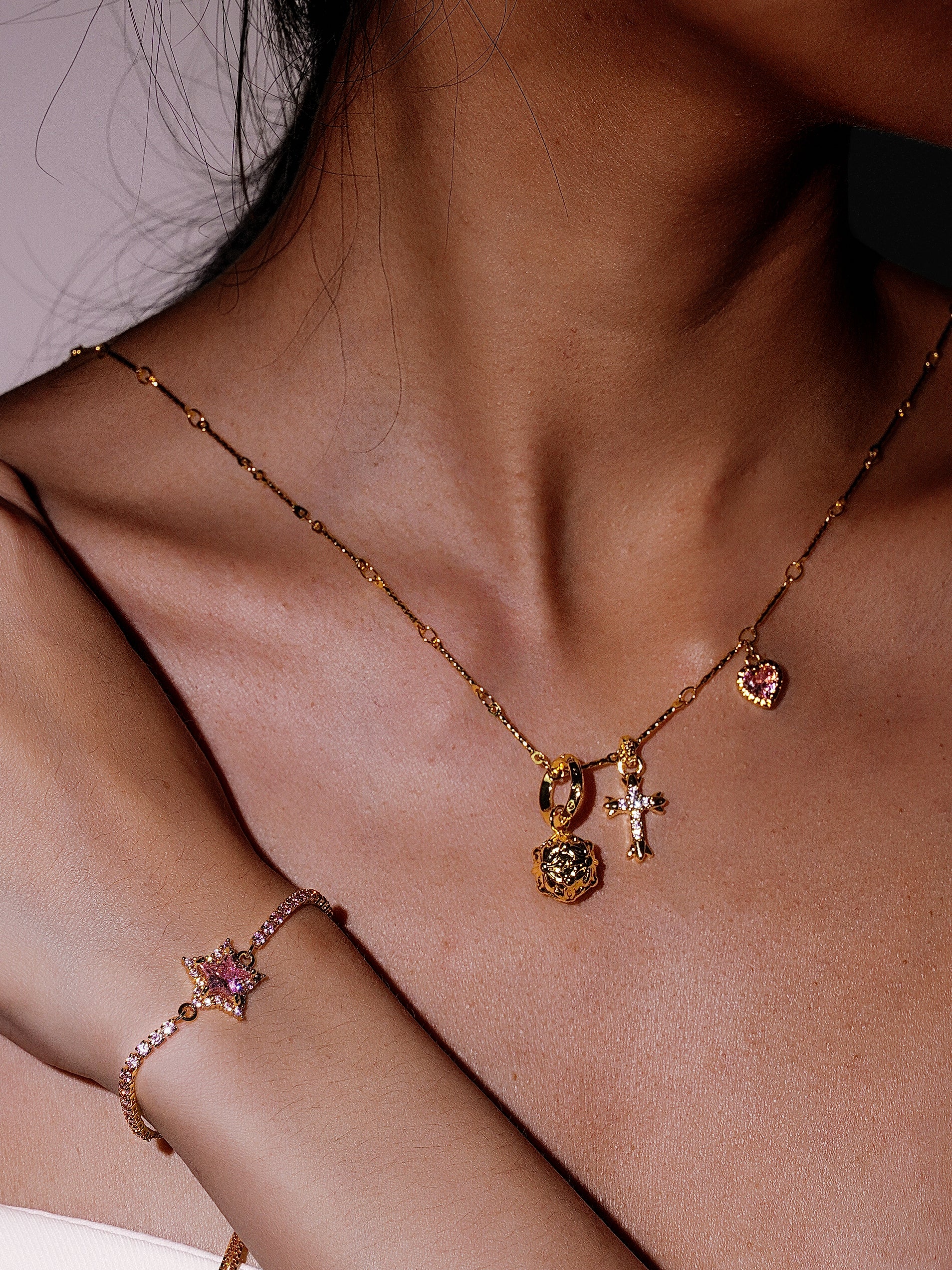14K Gold Vintage Multi Charm Necklace with Heart&Cross&Bubble-04