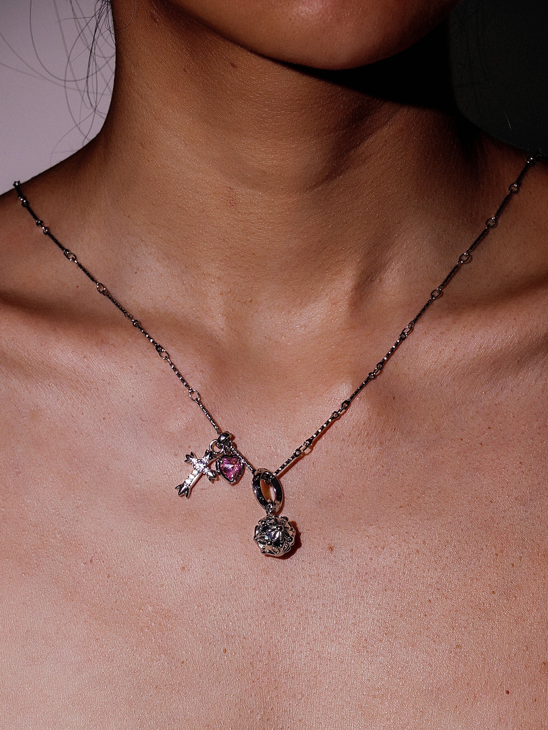 14K Gold Vintage Multi Charm Necklace with Heart&Cross&Bubble-06