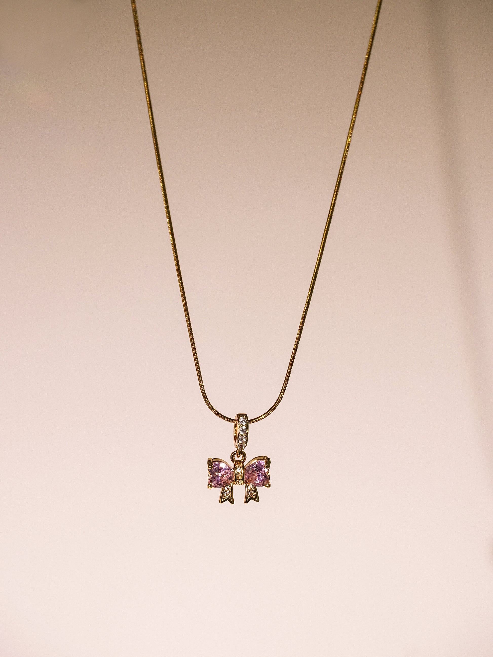 Sweet Pink Heart & Bow Sparkling CZ Pendant Necklace-01
