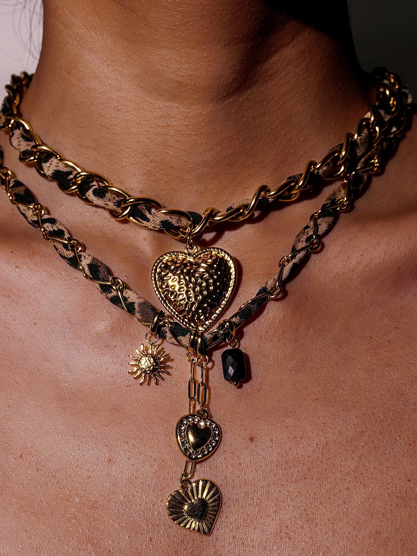 14K Gold Leopard Print Bandana Chain Multi Charm Necklace-04