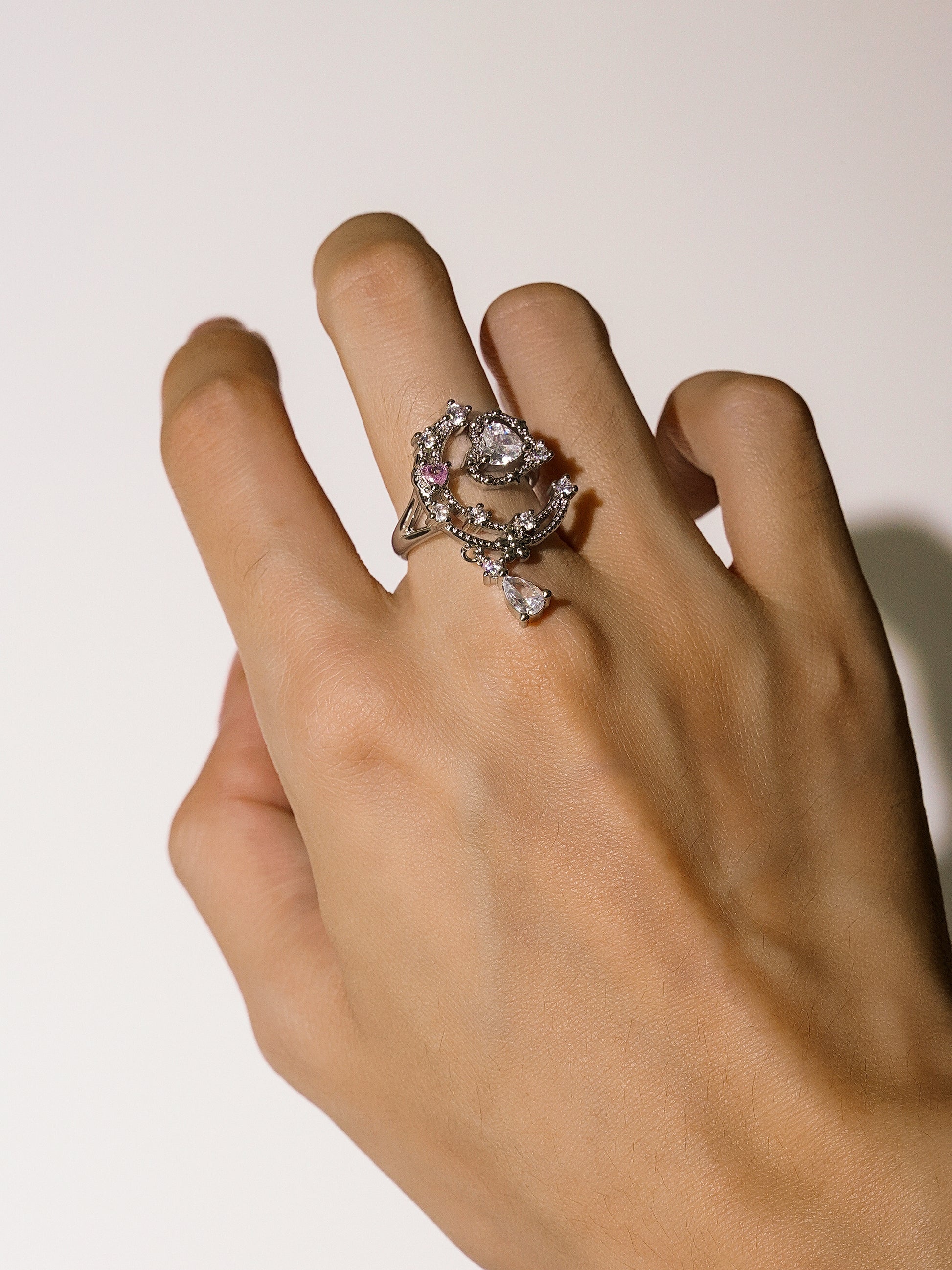 925 Silver Zircon Moon Heart Adjustable Opening Ring-01