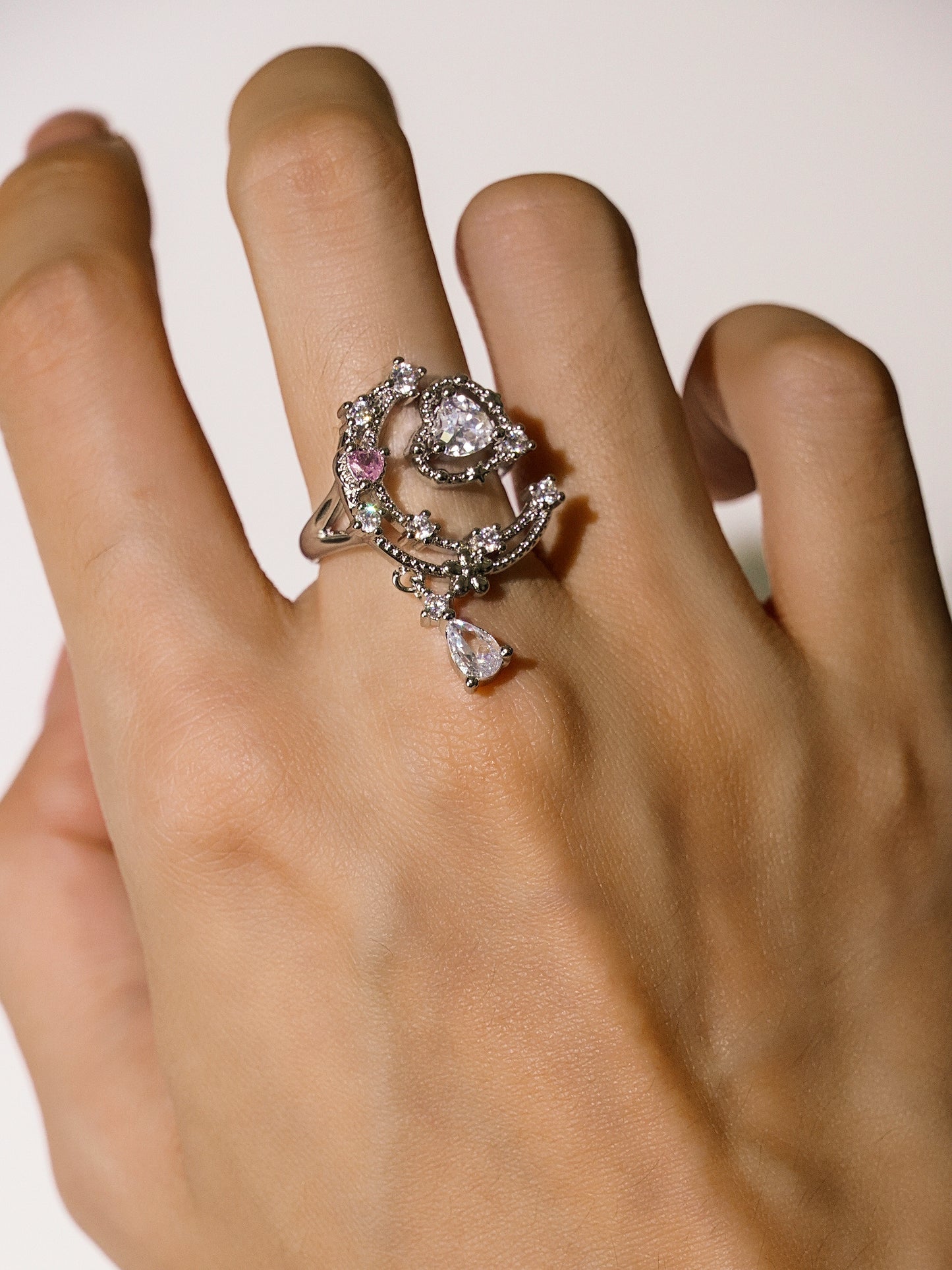 925 Silver Zircon Moon Heart Adjustable Opening Ring-02