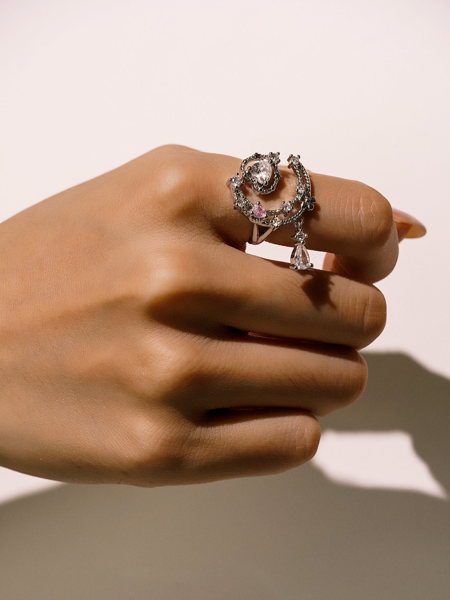 925 Silver Zircon Moon Heart Adjustable Opening Ring-04