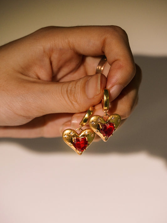 Vintage Ruby Red Cubic Zirconia 14K Gold Heart Earrings-01