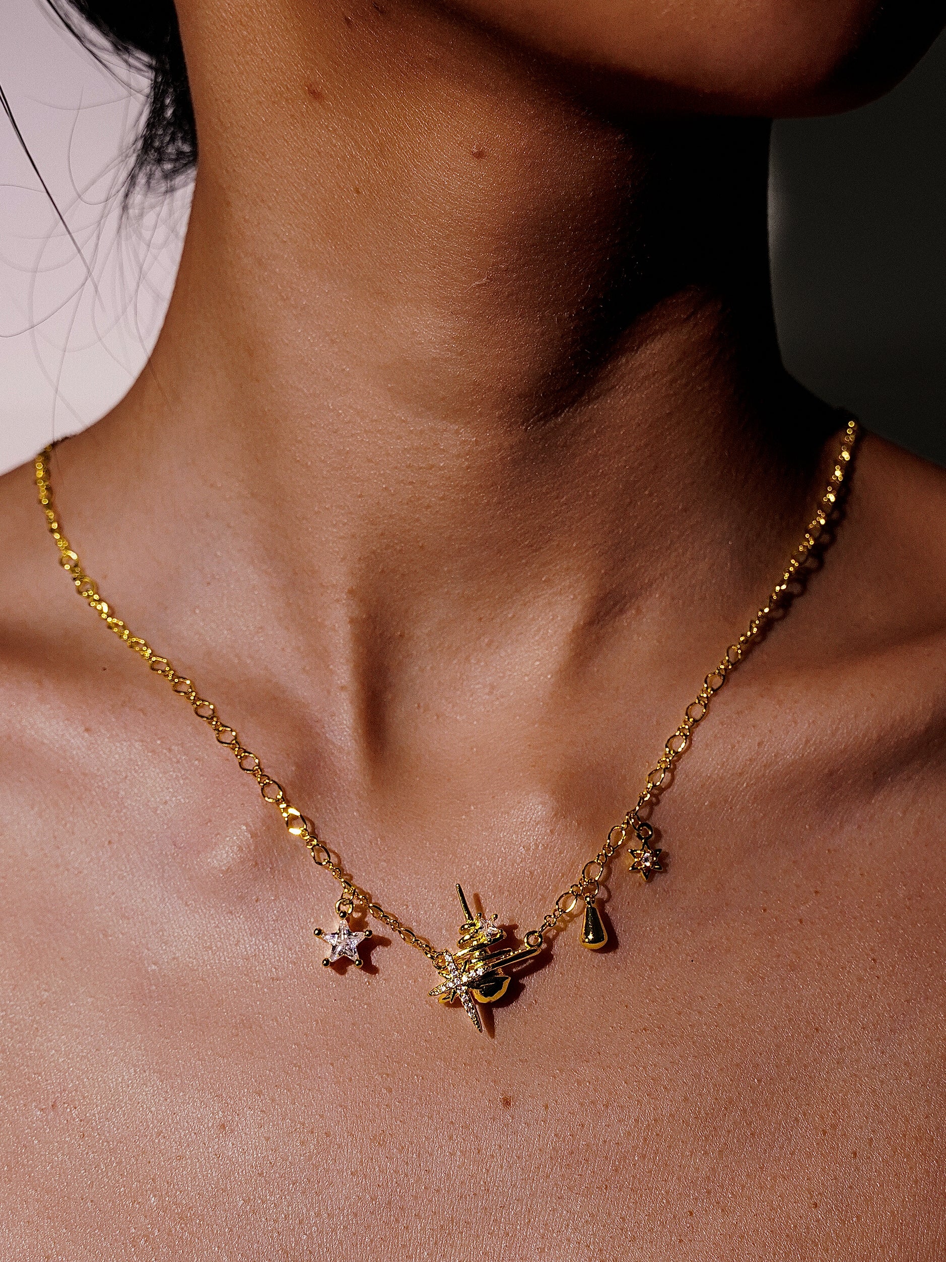 14K Gold Starburst necklace and star and teardrop charms-02