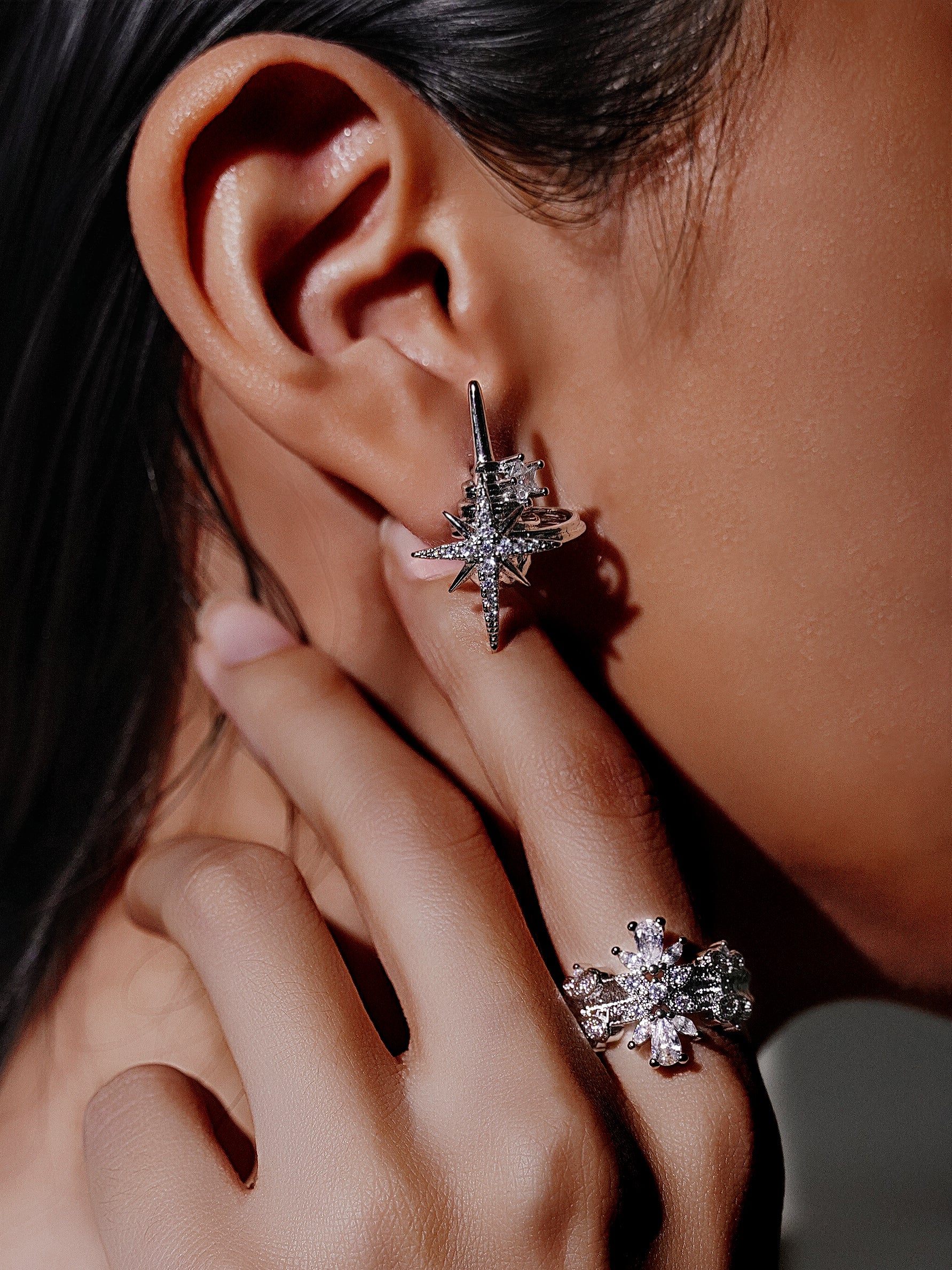 14K Gold/Sliver Four-Point Stars Sparkling Cubic Zirconia  Huggie Earrings-08