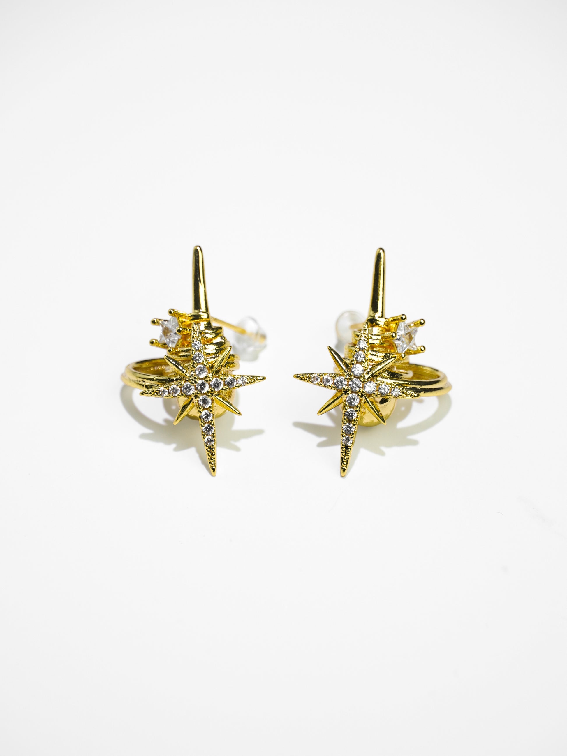 14K Gold/Sliver Four-Point Stars Sparkling Cubic Zirconia  Huggie Earrings-10