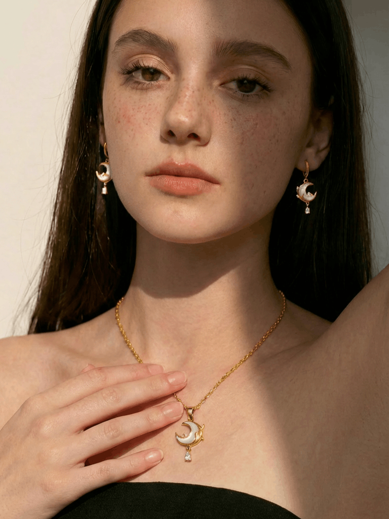 18K Real Gold Plated Moonstone Rose Moon Earrings