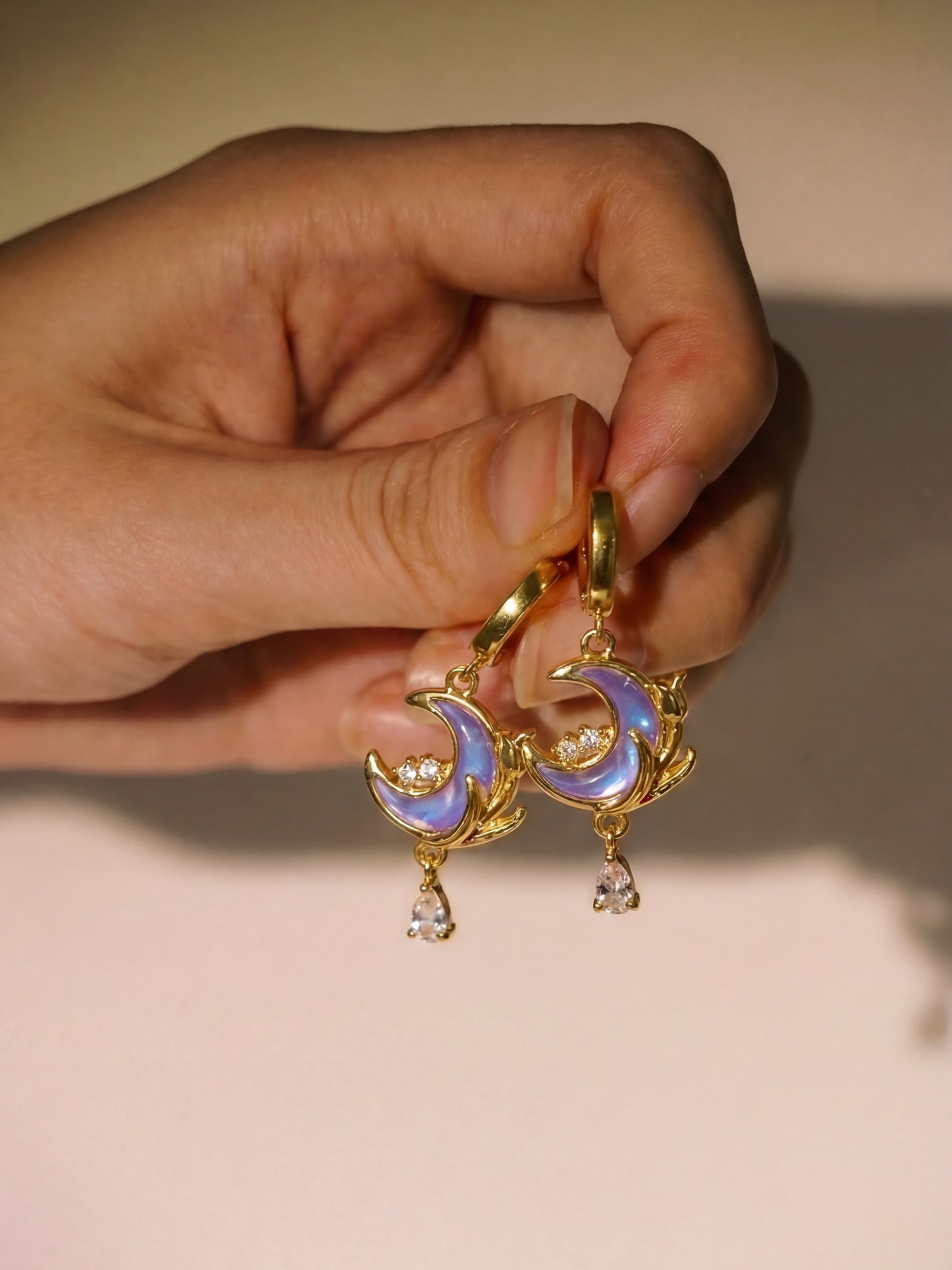 18K Real Gold Plated Moonstone Rose Moon Earrings