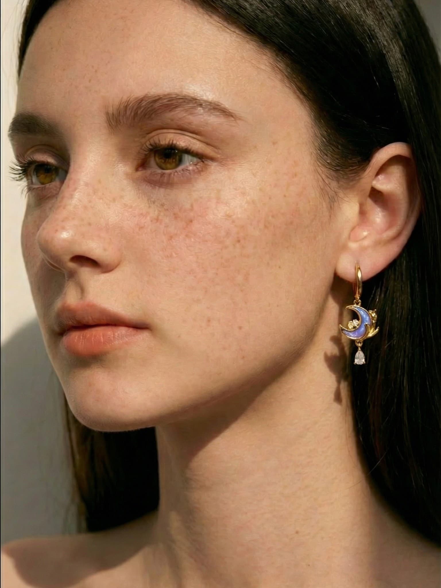 18K Real Gold Plated Moonstone Rose Moon Earrings