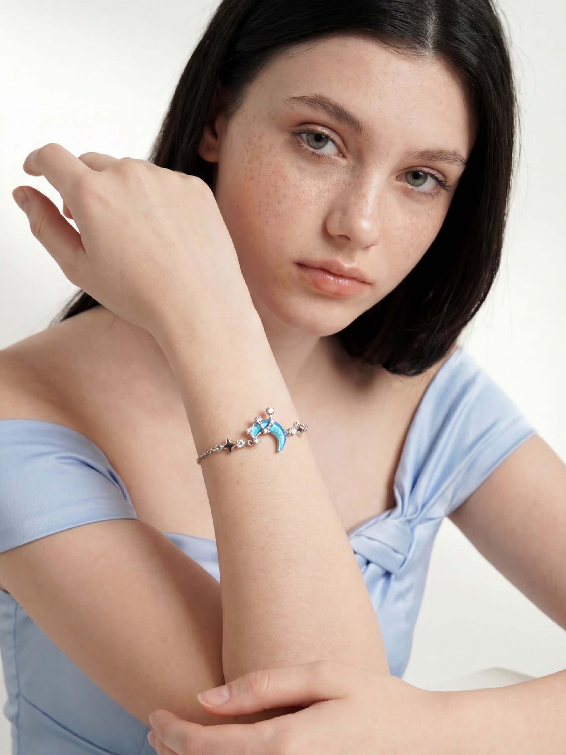 Platinum Plated Moonstone Moon Star Bracelet