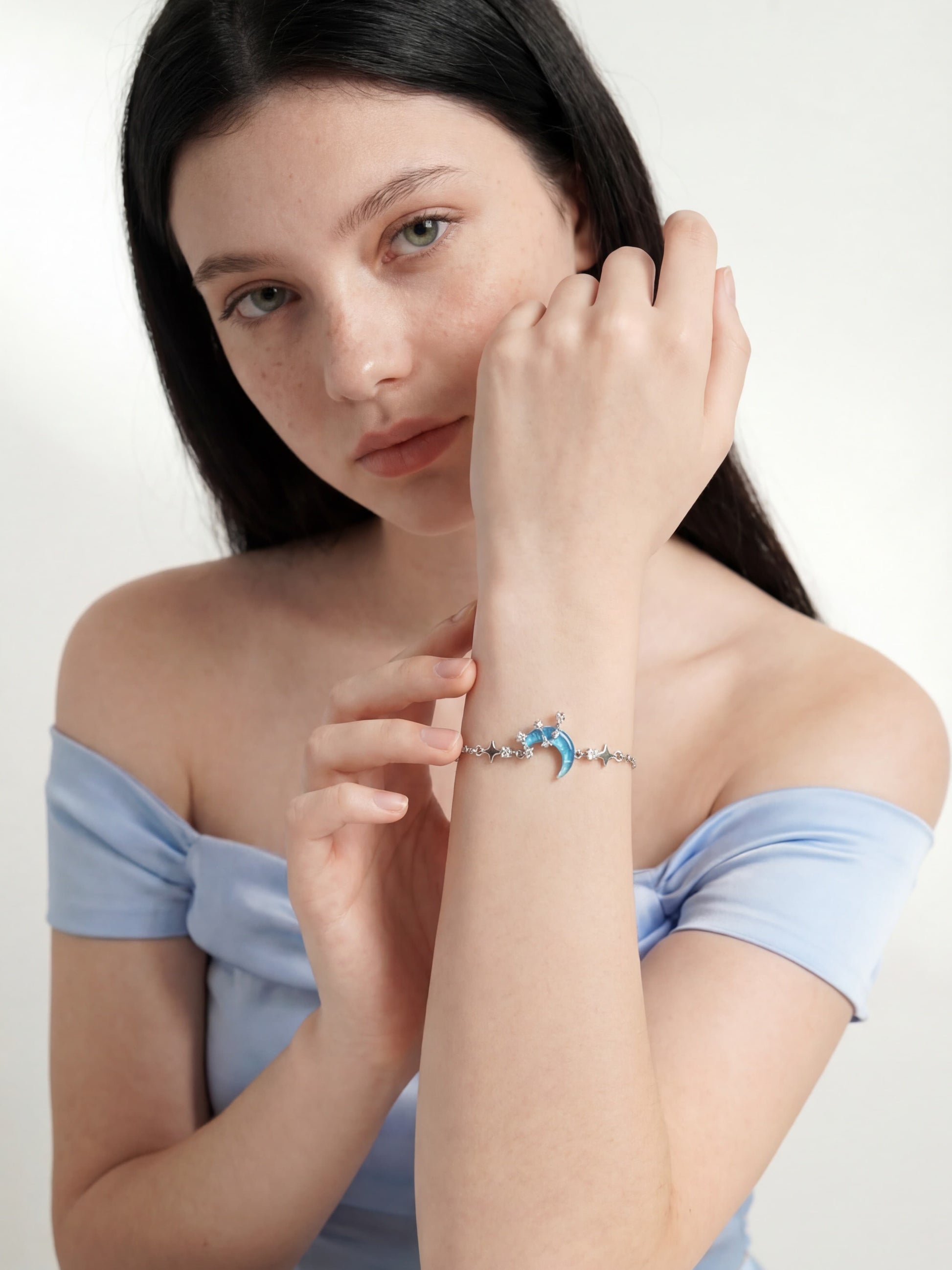 Platinum Plated Moonstone Moon Star Bracelet