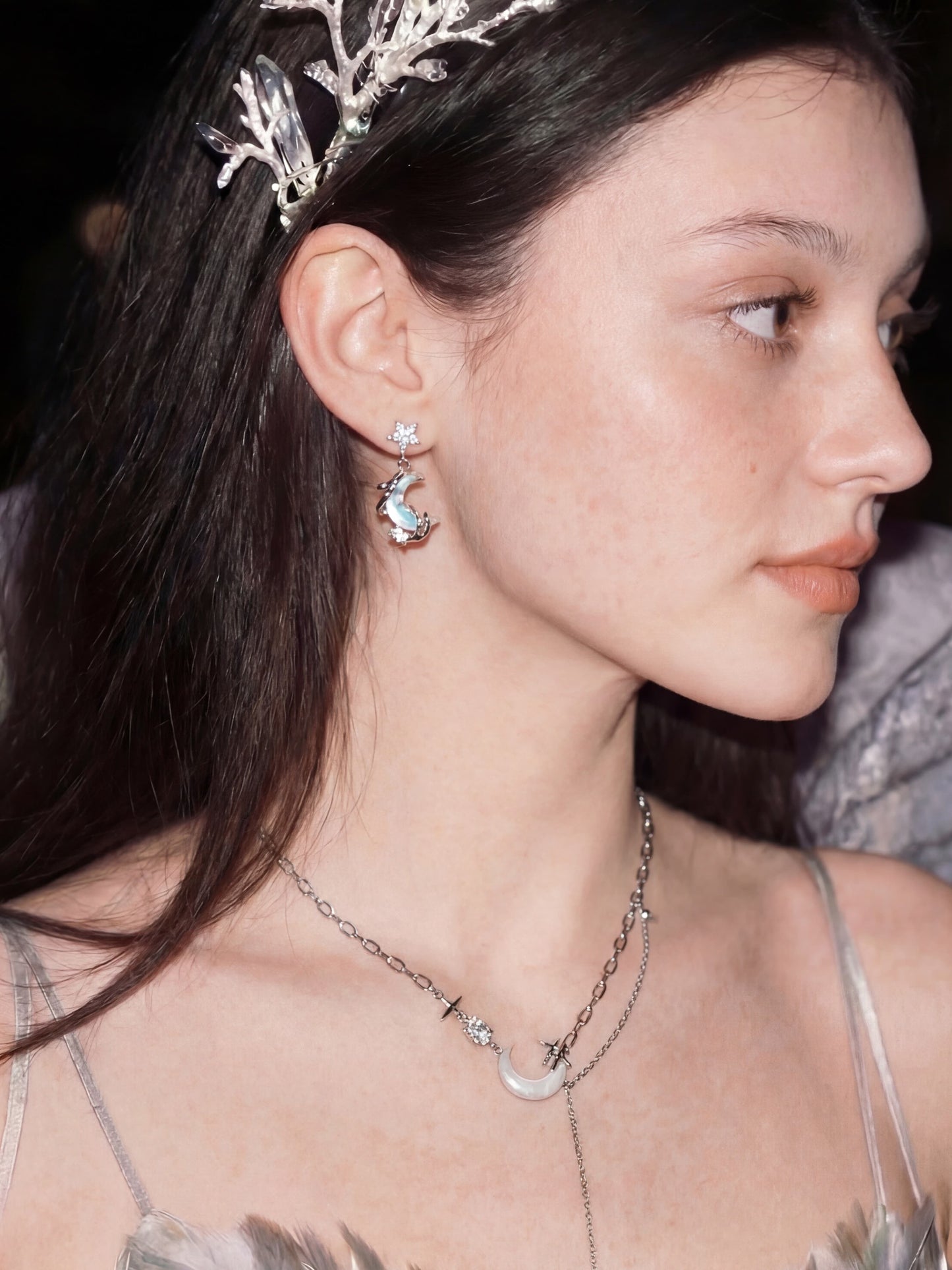 Platinum Plated Moon Star Chain Necklace