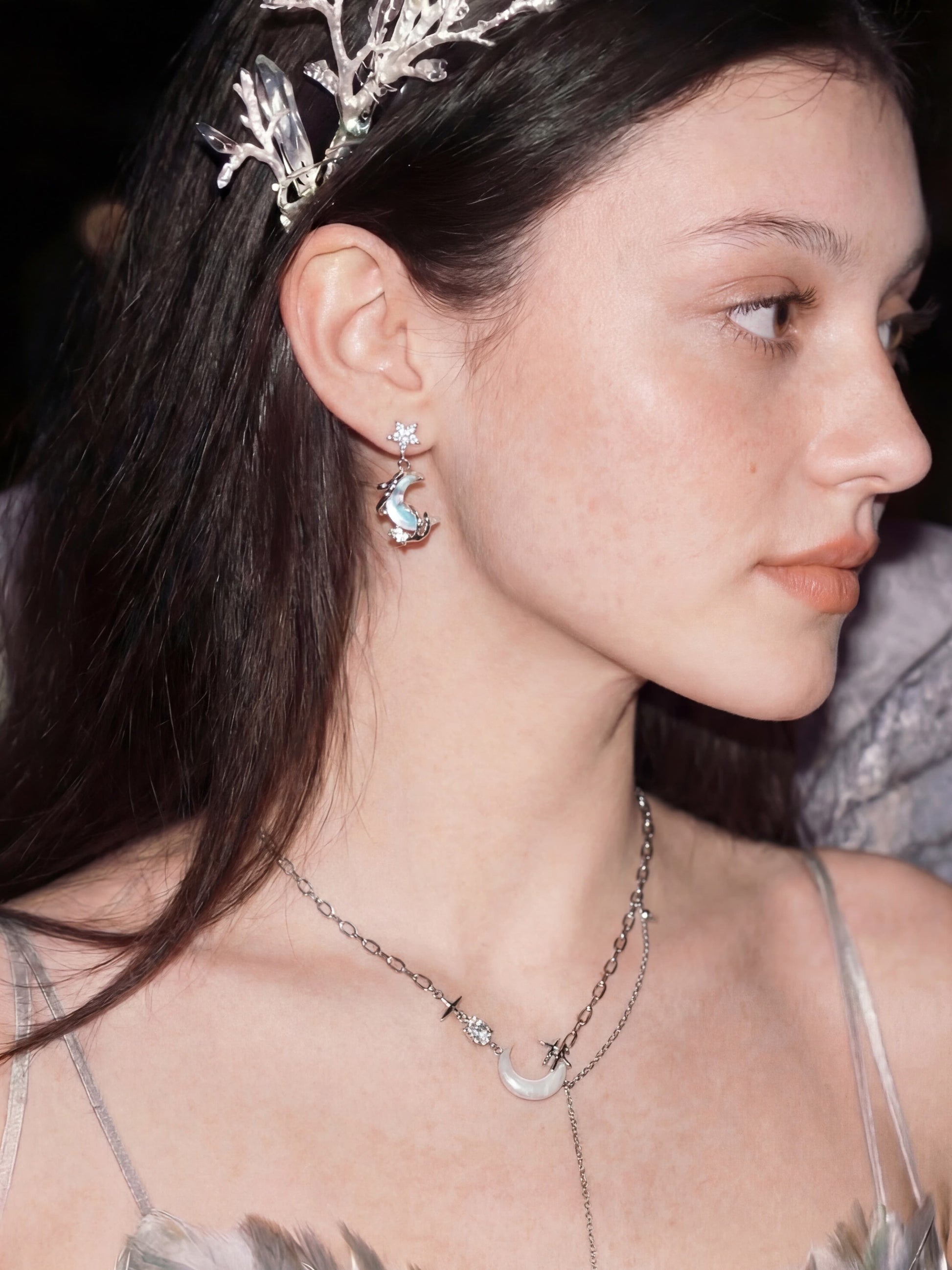 Platinum Plated Moon Star Chain Necklace