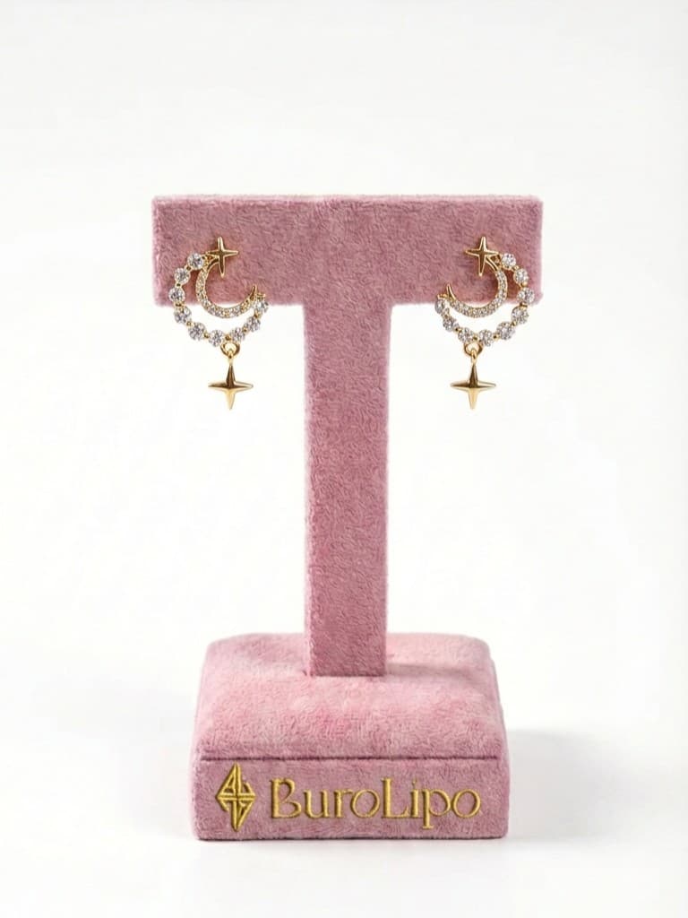 18K Real Gold Plated Diamonds Moon Star Earrings