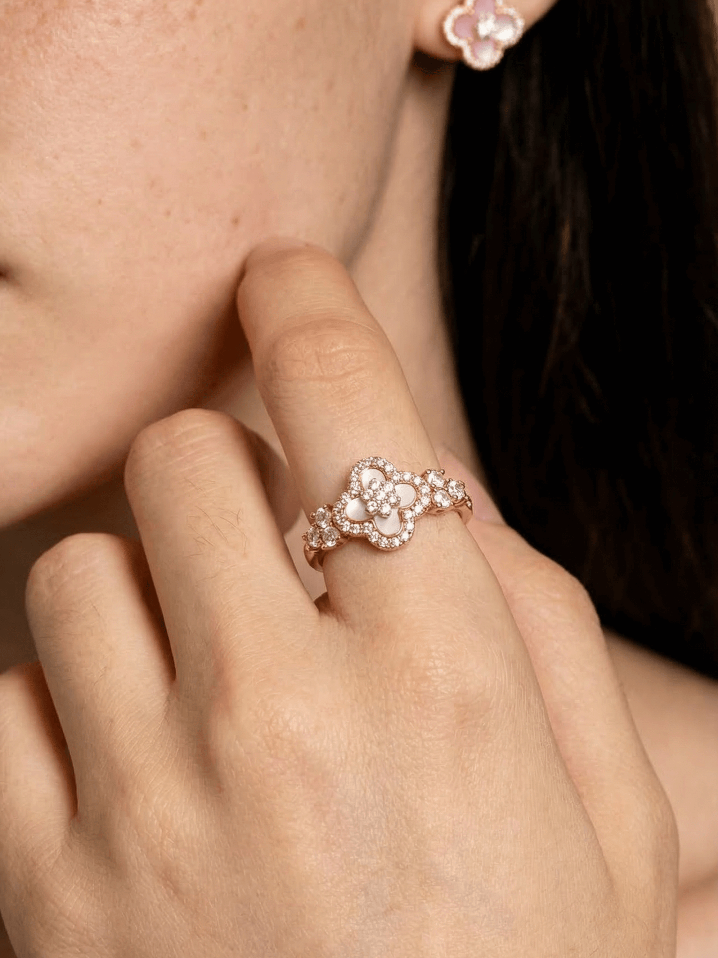 18K Rose Gold Plated Lucky Leaf Shell Pearls Ring