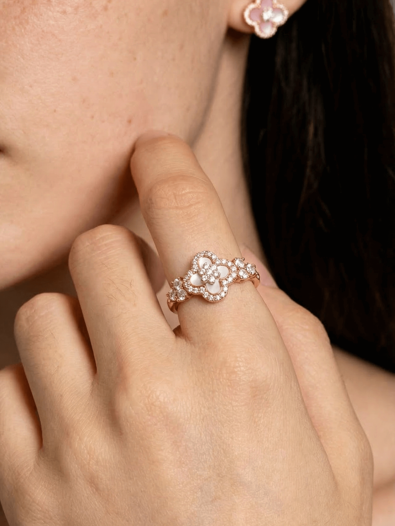 18K Rose Gold Plated Lucky Leaf Shell Pearls Ring