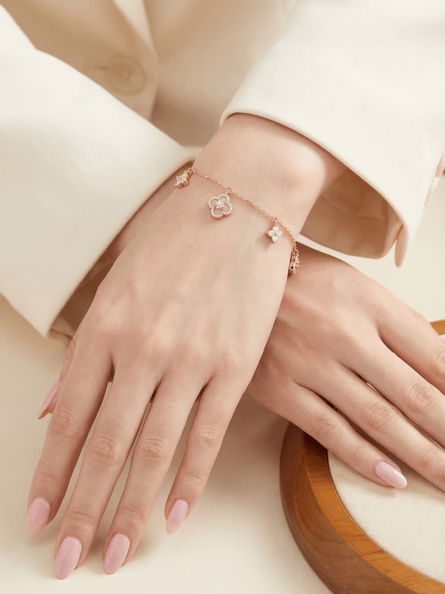 18K Rose Gold Plated Pink Lucky Leaf Shell Pearls Bracelet