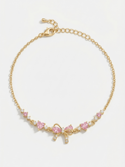 18K Gold Pink Heart Candy Bow Bracelet
