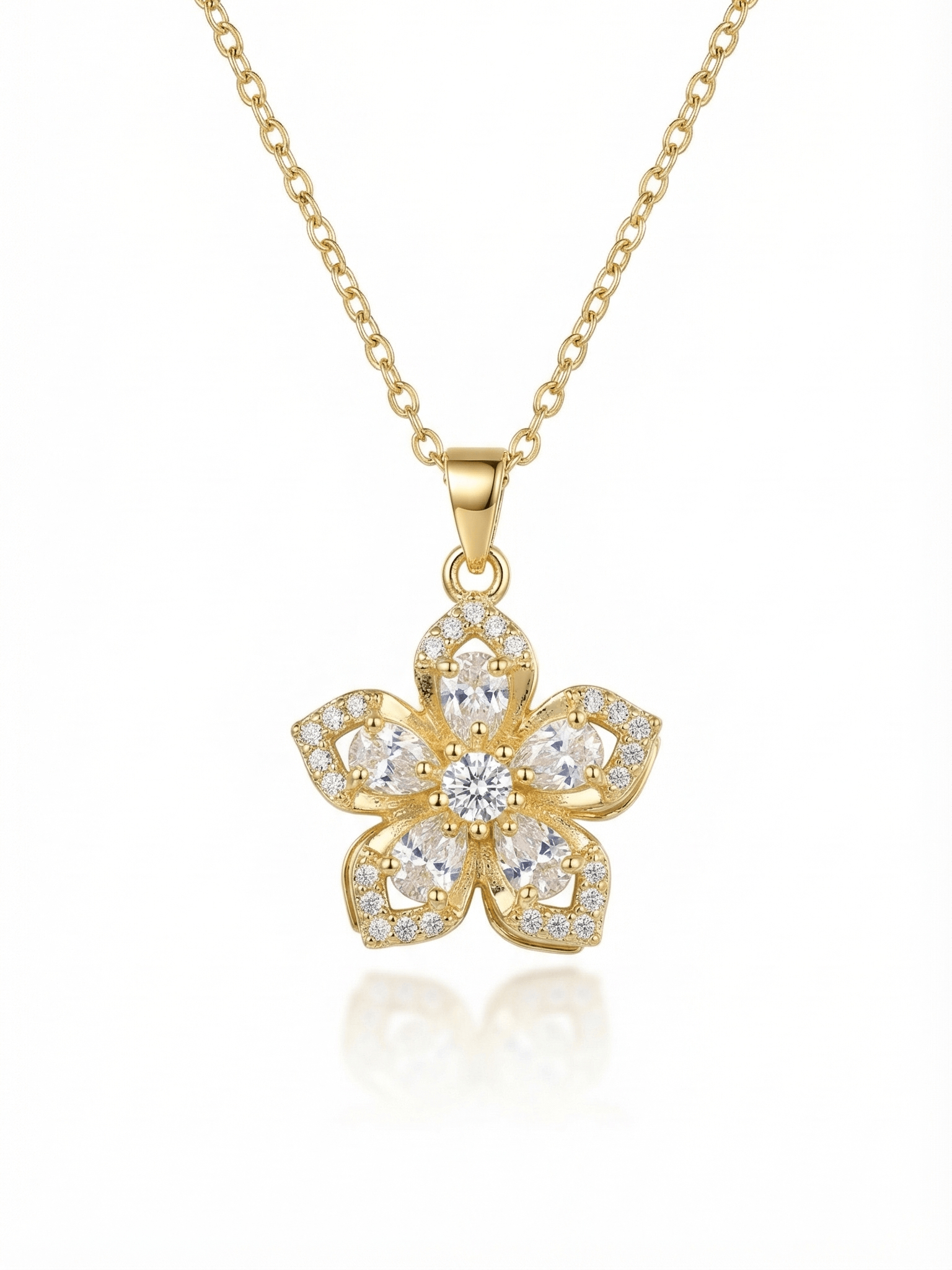 18K Gold Elegant Rotating Flower Zircon Necklace