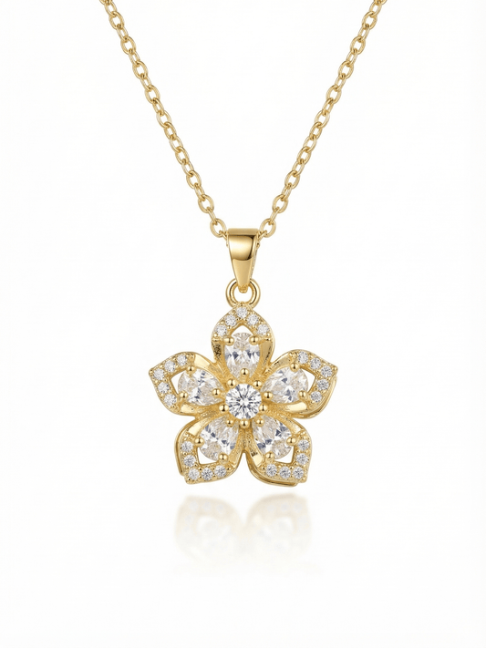 18K Gold Elegant Rotating Flower Zircon Necklace
