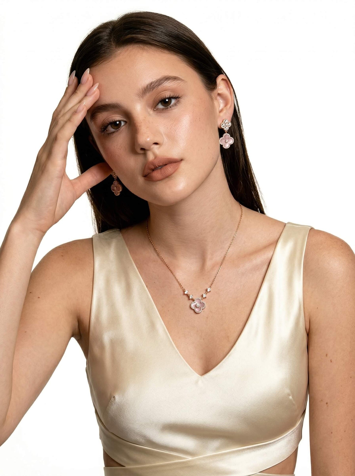 18K Rose Gold Plated Lucky Leaf Shell Pearls Pendant Earrings