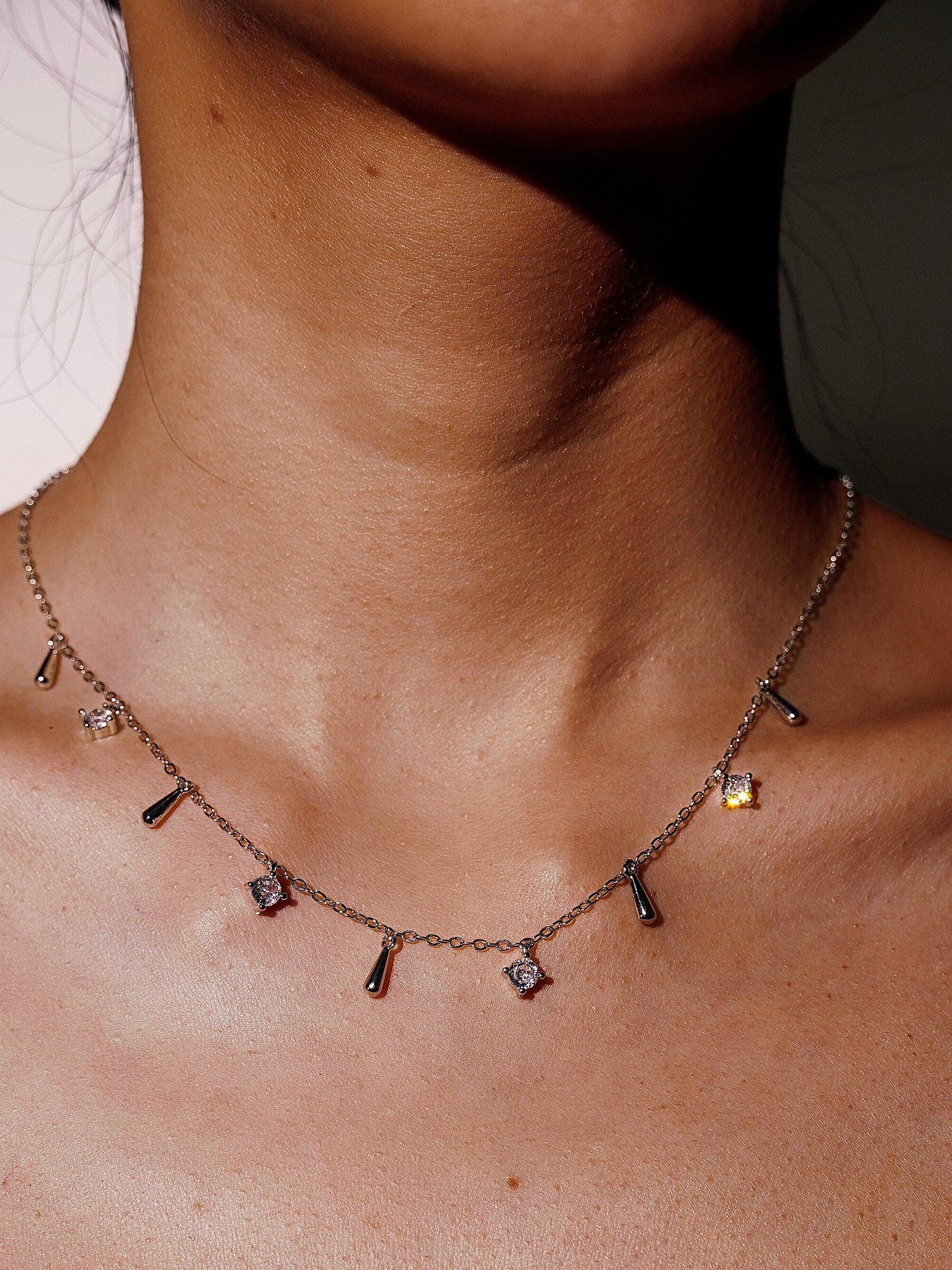 14K Gold Natural Diamond Bezel Multi Raindrop Necklace-06