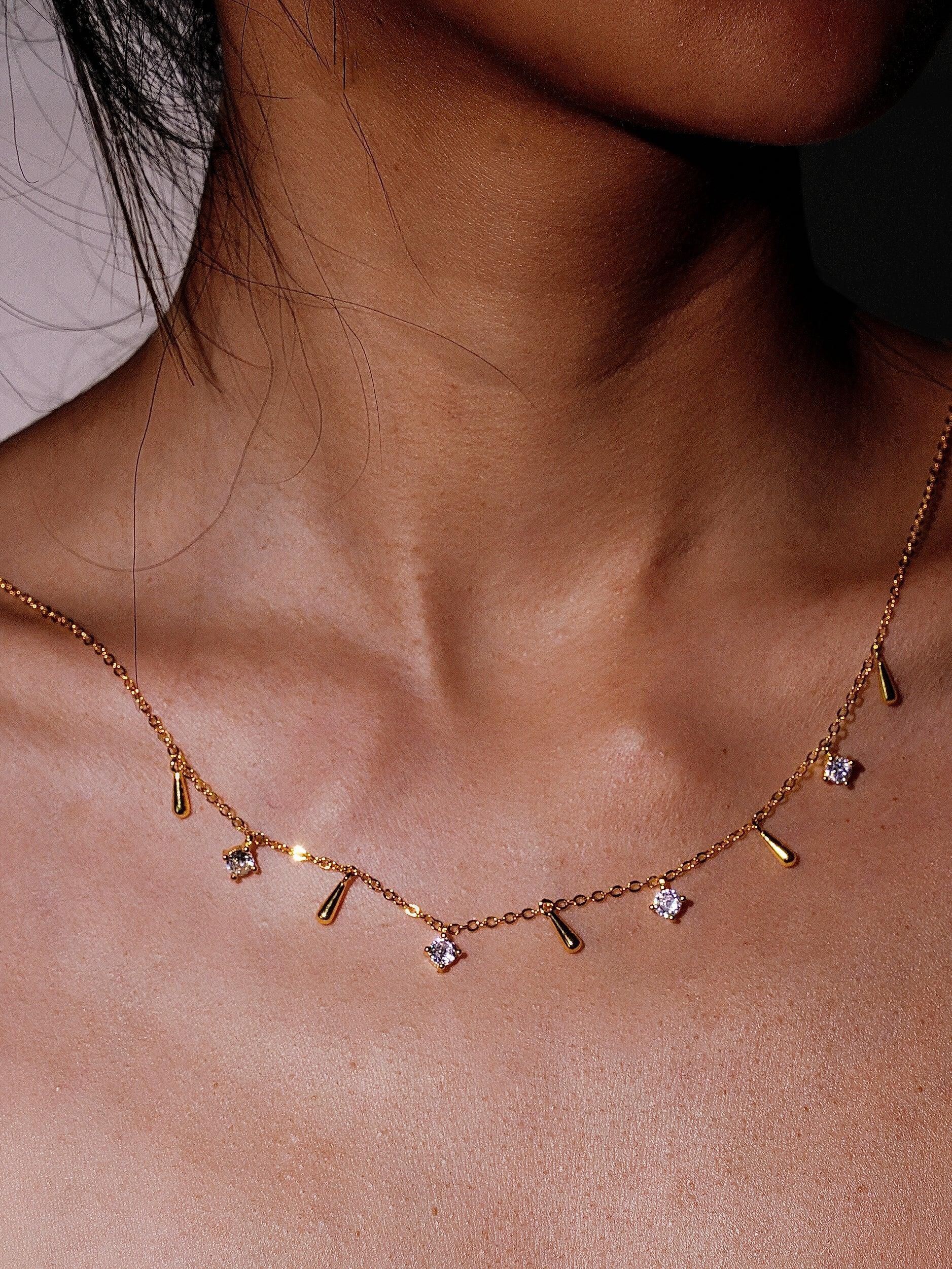 14K Gold Natural Diamond Bezel Multi Raindrop Necklace-05